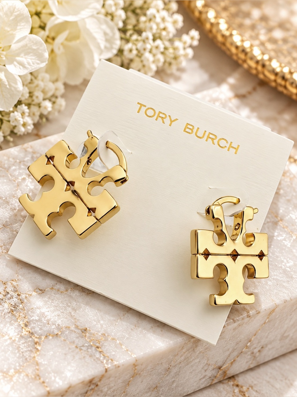 Tory Burch Gold Tone Double T Logo Huggie Hoop Earrings - Picture 6 of 6